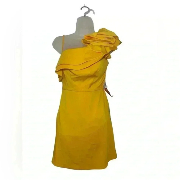 Mac Duggal New 55286 Yellow Ruffle One Shoulder Mini Dress Size 2 - Picture 3 of 6